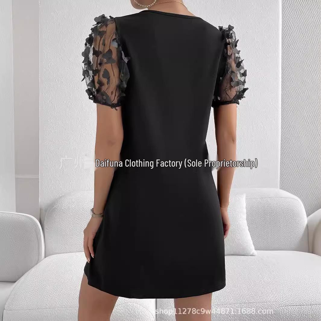 

2024 Lantern Sleeve Mesh Applique Casual Dress 2X Large чорний