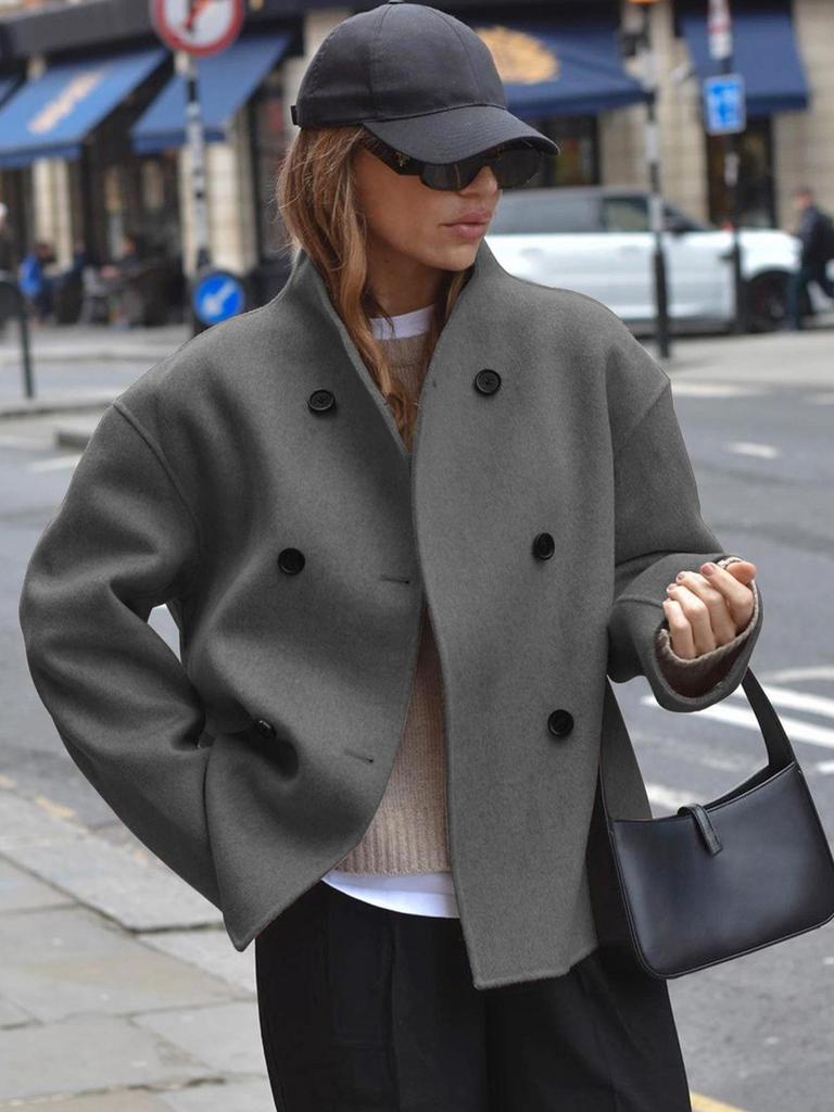 Doppelreihiger Wollmantel für Damen - Einfarbig, Lässiger Britischer Stil, Oberbekleidung für eine vielseitige Garderobe.