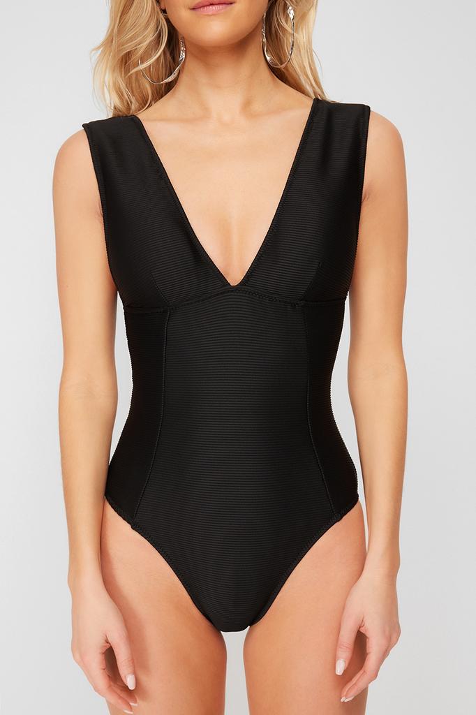 Women's New Season Swimsuit Bridal Ecru V-Neck Textured Regular Swimsuit