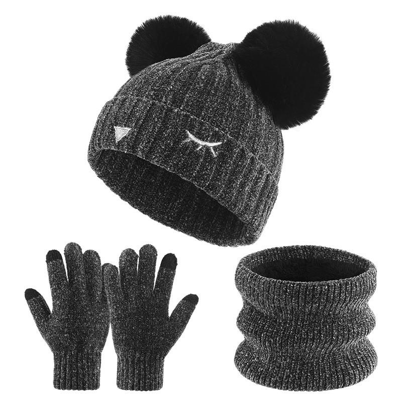 Kids Winter Warm Hat Scarf Gloves Set Ages 3-8 Soft Knit 3-Piece Accessory In Gray Cute Letter Design Dark Gray 3-Piece Set 260g