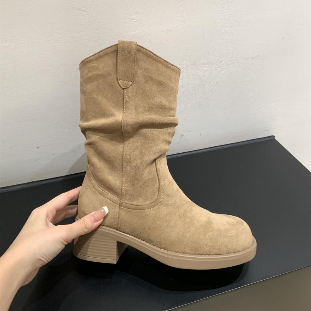 High Heel Medium Knight Boots Women's Boots 2025 New Autumn and Winter V-mouth Western Cowboy Pile Short Boots Martin Boots