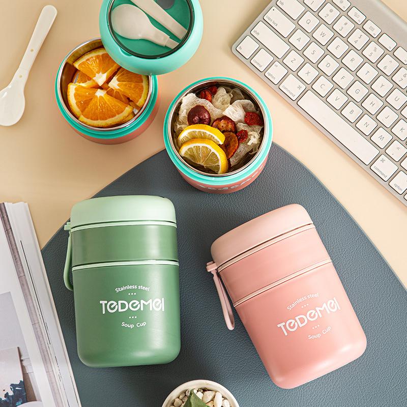 Isolierter Lunchbox-Behälter aus Edelstahl Doppelschichtiger japanischer Suppenbecher Versiegelter Frühstücksbecher mit Deckel Löffel Bento-Box