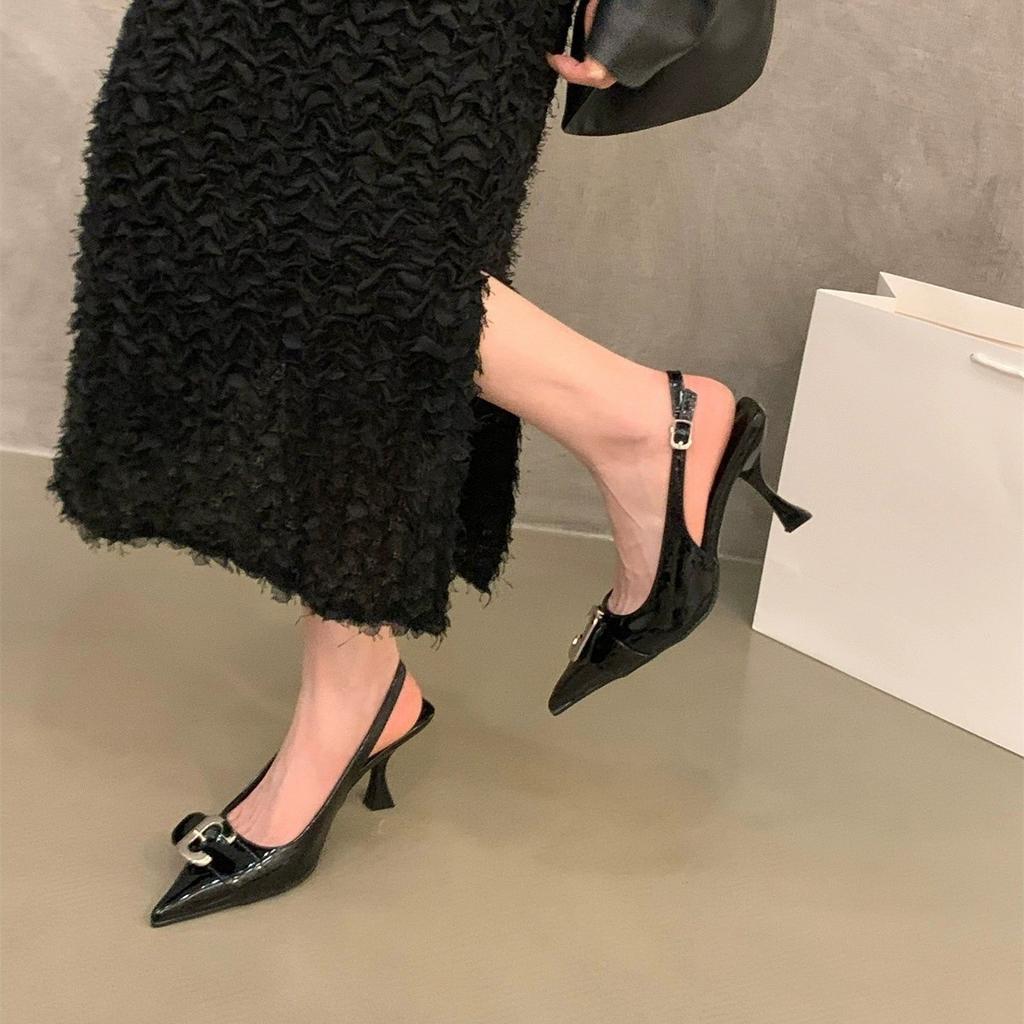 Black high heels temperament socialite bag head sandals fairy shoes 2025 new spring and summer French pointed single shoes