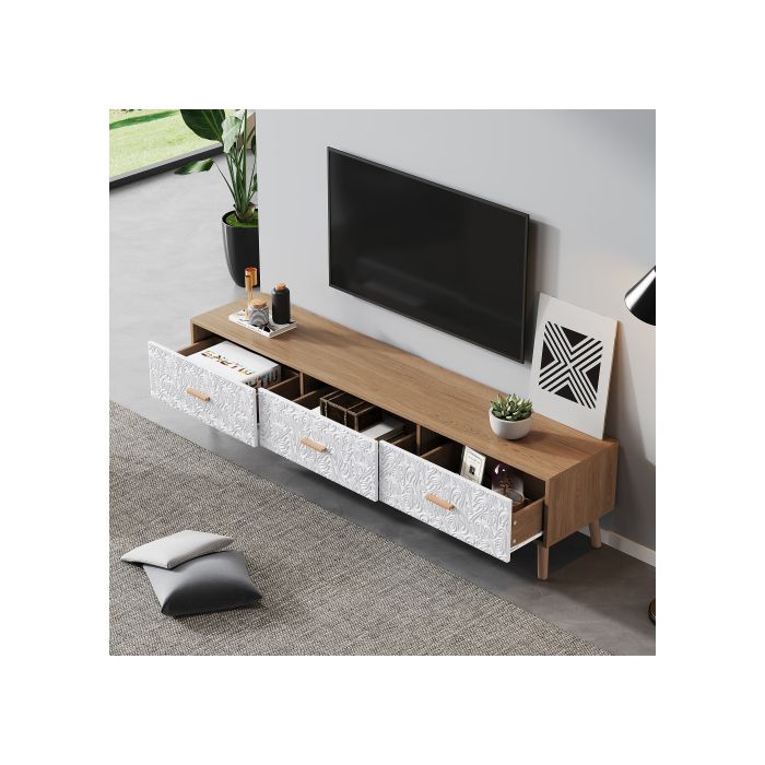 Meuble TV et table TV en bois - Salon Chambre à coucher, couleur bois clair,panneaux de porte blancs texturés vintage.150*35*39 cm