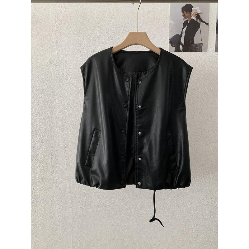 

Весна Осень Круглый вырез Винтажный Однотонный Жилет Женский Без рукавов Свободный Повседневный Кардиган Майка onesize чёрный
