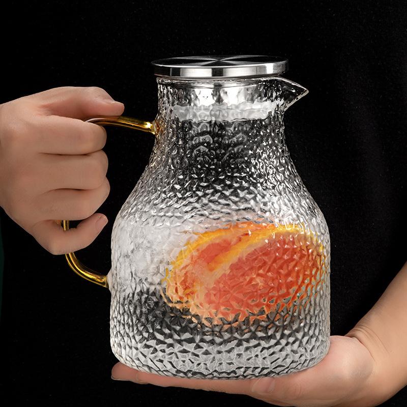Glass Pot with Handle Hammer Pattern Household Large Capacity High Borosilicate Glass Cold Water Kettle Stainless Steel Lid Cold Water Kettle