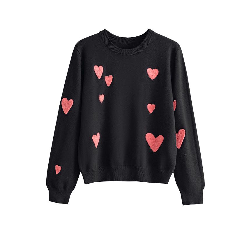 2024 Autumn/Winter Heart Flocking Embroidered Round Neck Long Sleeve Women’s Knit Sweater Pullover
