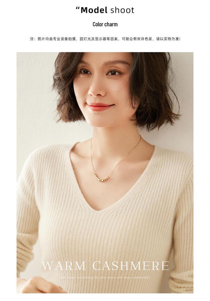 Women's V-Neck Striped Cashmere Knit Sweater - Slim-Fit Autumn/Winter Pullover