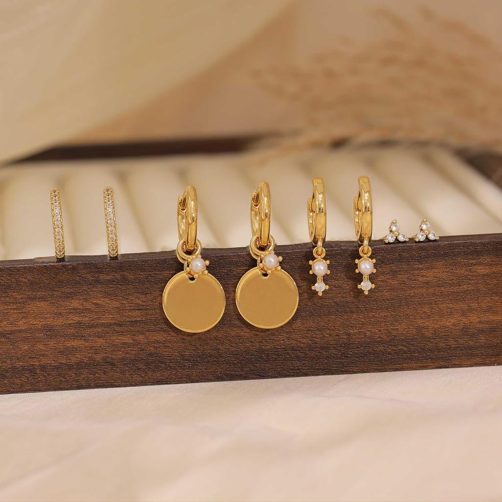 Dainty 14K Gold Plated Pearl Hoop Huggie Earring Set Chain Cartilage Earring Stack Trendy Hypoallergenic Long Drop Stud Earrings