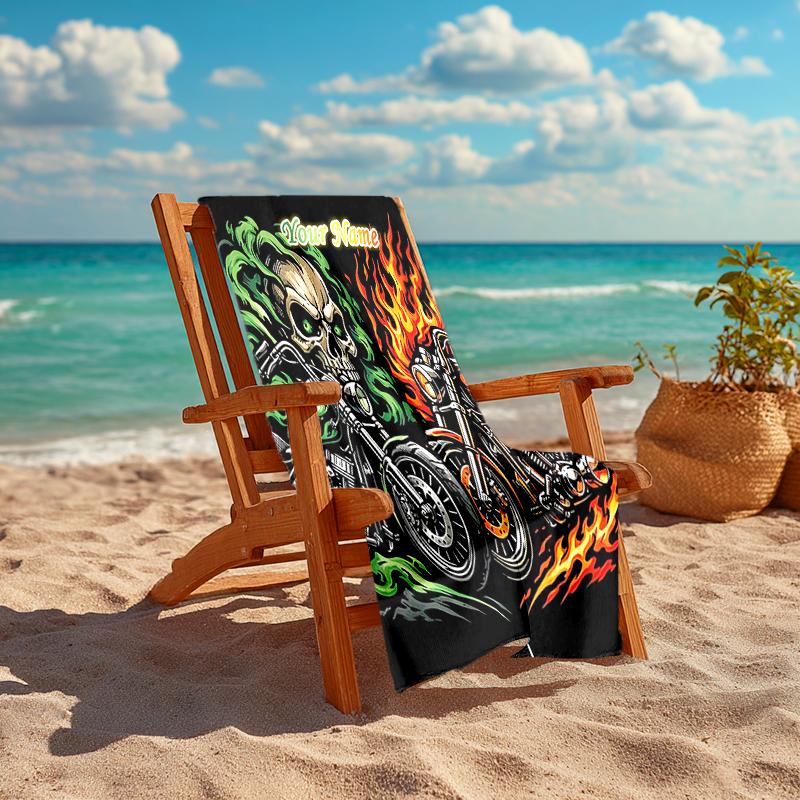 1PC Custom Name Skull Flames Motorcycle Art Beach Towel Highly Absorbent And Sand-Resistant Towel for Swimming, Pool, Yoga, And Travel Lightweight