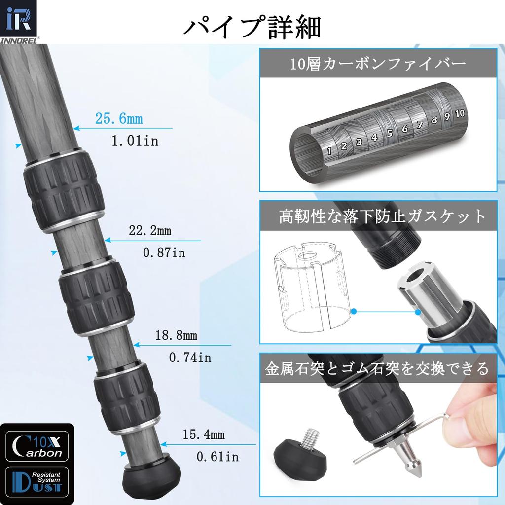 INNOREL Carbon Fiber Camera D36 with Pan 15kg Maximum Load Working Pipe Compact for Video Digital and DV Travel and with Center Pole and Bag Tripod