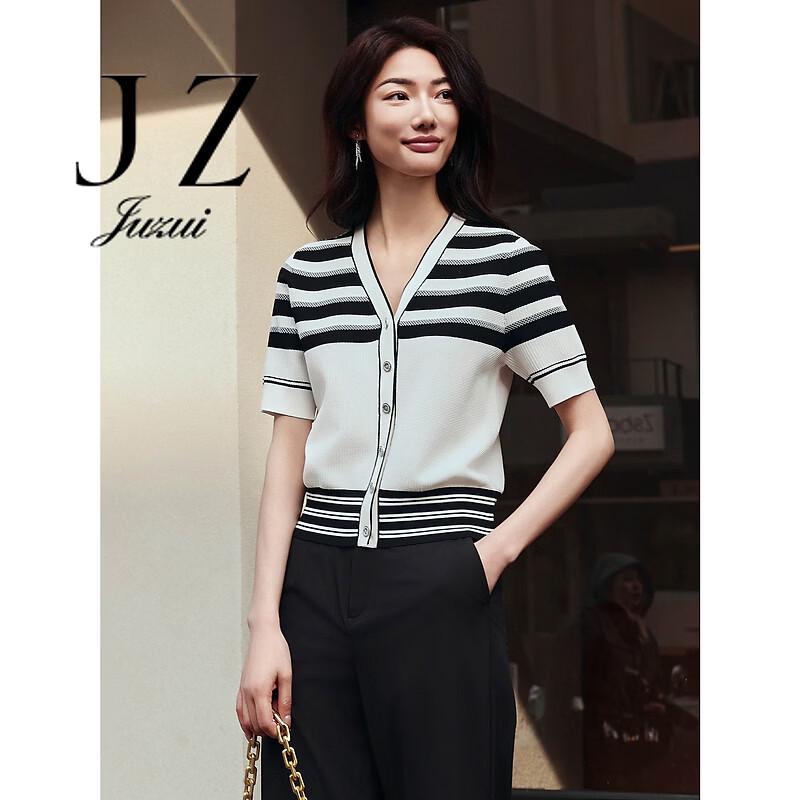 JUZUI Women s Striped Knit V-Neck Short Sleeve Top XL