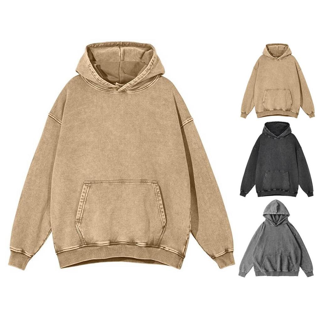 Felpa con cappuccio unisex autunno primavera con grande tasca, ampia, lavata, polsini e orlo elastici, spalle inclinate, colore puro, ampia, sportiva