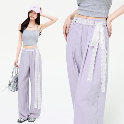 Spitzengürtel Weitbeinige Hosen für Damen Im Sommer Neuer Koreanischer Stil Hängend Locker Schlank Hohe Taille Lässige Hosen Bodenlange Hosen