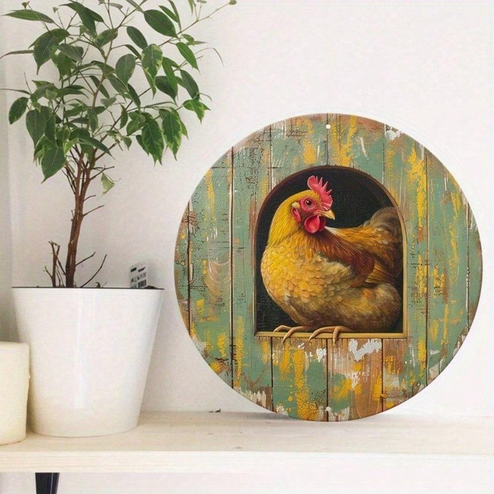 Vintage 8x8 Inch Round Tin Sign Chicken Wreath Wall Art Farmhouse Home Decor