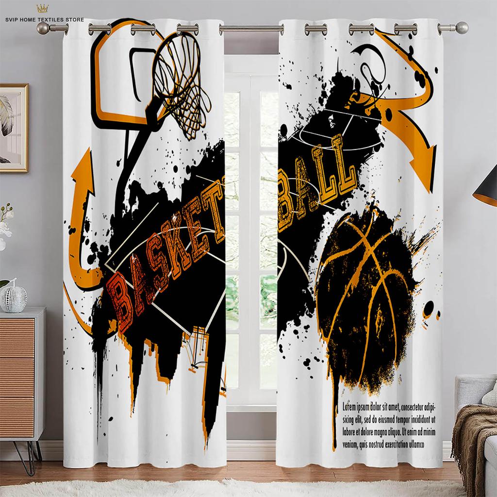 Maschinenwaschbare Vorhänge mit Basketball-Print, Schlafzimmer, Wohnzimmer, Küche, Club, Wohnheim, Dekorativ, 2 Stück