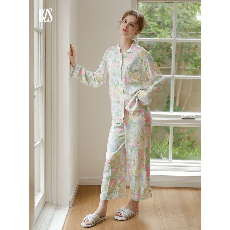 Summer 2024 New Minimalist Floral Pastoral Style Pajamas Two-piece Set Long Sleeves Pants Can Be Outerwear Homewear
