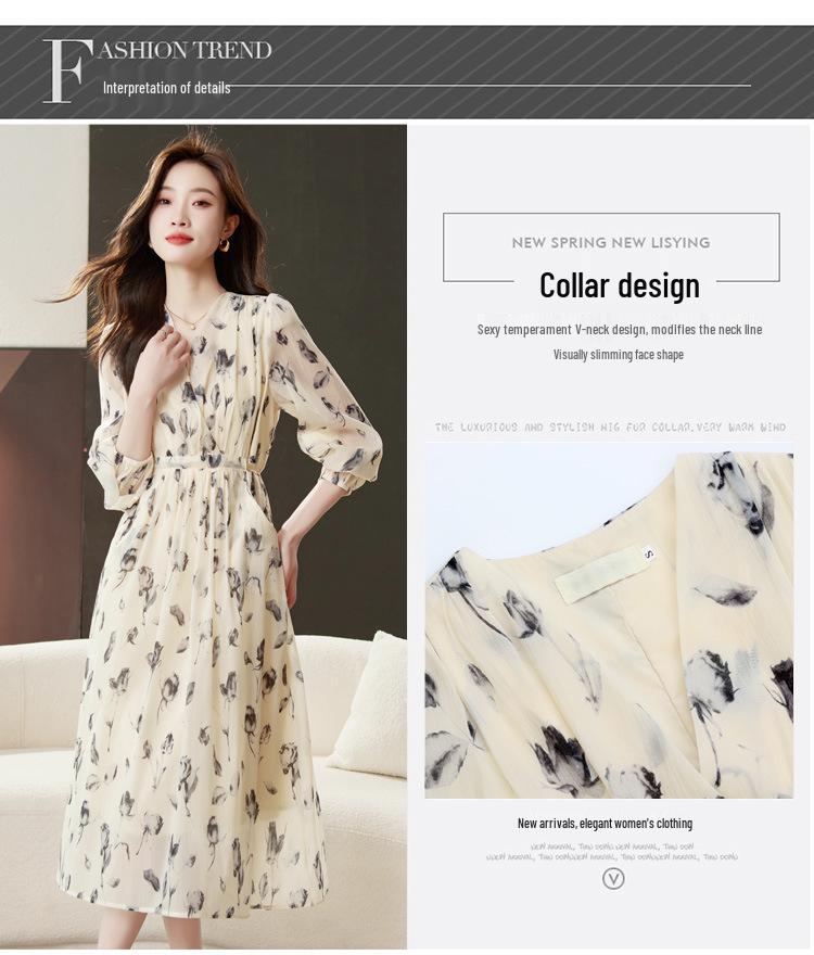 High-End Floral Print V-Neck Long Sleeve Summer Dress for Women