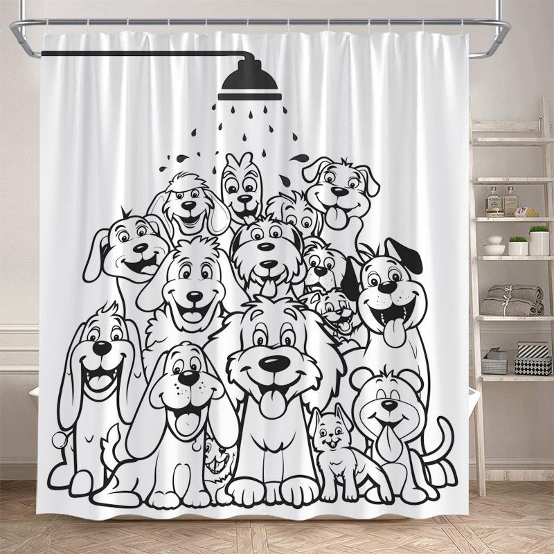 Funny Bathing Dogs Shower Curtain Cute Cartoon Animals Pet Painting Art Kids Bath Curtains Fabric Home Bathroom Decor With Hooks