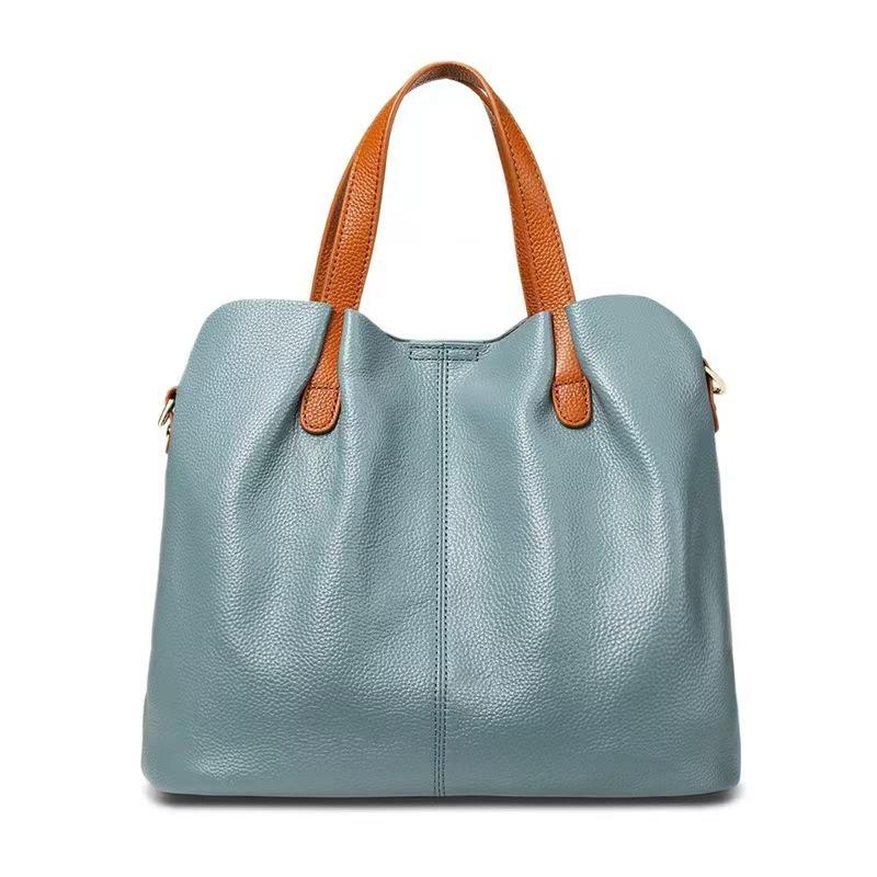 

2026 Color Block Genuine Leather Women s Crossbody & Shoulder Handbag - Large Mother-and-Child Design 32x15x26 синій