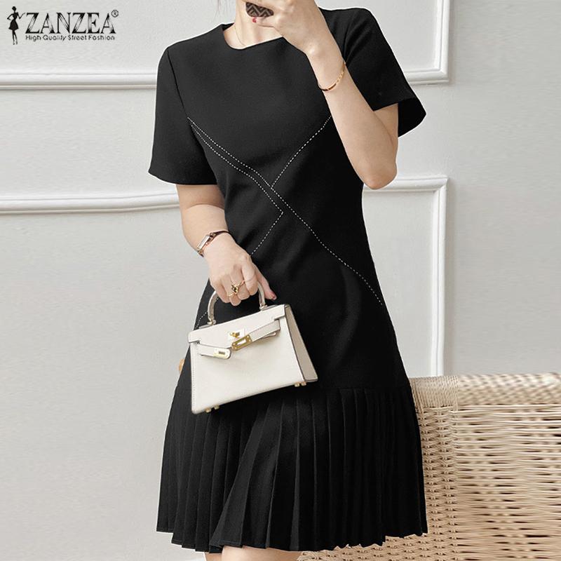 Robe Mi-longue Plissée Unie - Manches Courtes, En Polyester, Lavable Machine, Neuve Avec étiquettes