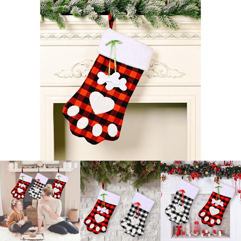 Adorable Red And Black Plaid Dog Paw Christmas Sock Ideal Holiday Gift Bag For Children