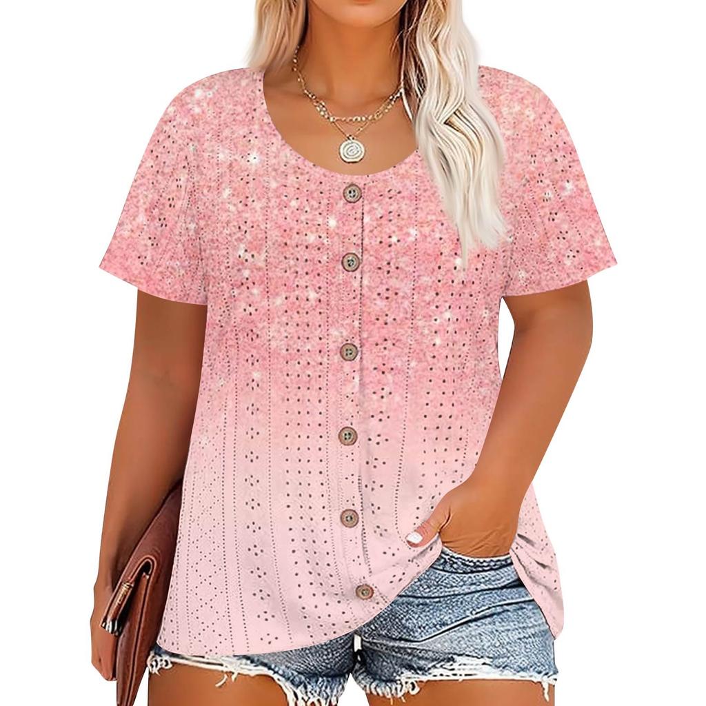 Plus Size Women's Fashion Casual Vintage Printed O-Neck Short Sleeve Button T-Shirt Top