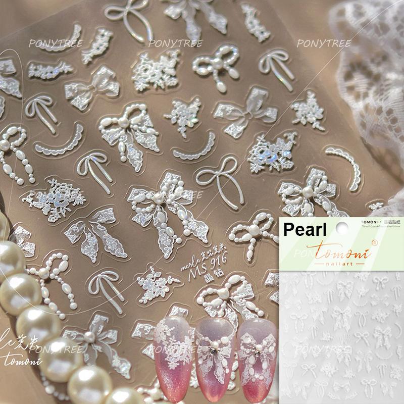 Shiny Polarized White Ribbon Bowknot Stars Tassel 3D Self Adhesive Nail Art Stickers Lovely Bow 5D Embossed Manicure Decals