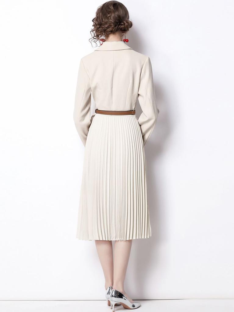 Fashion Runway Autumn Midi Pleated Dress for Women's Notched Collar Long Sleeve Vintage Blazer Dress With Belt