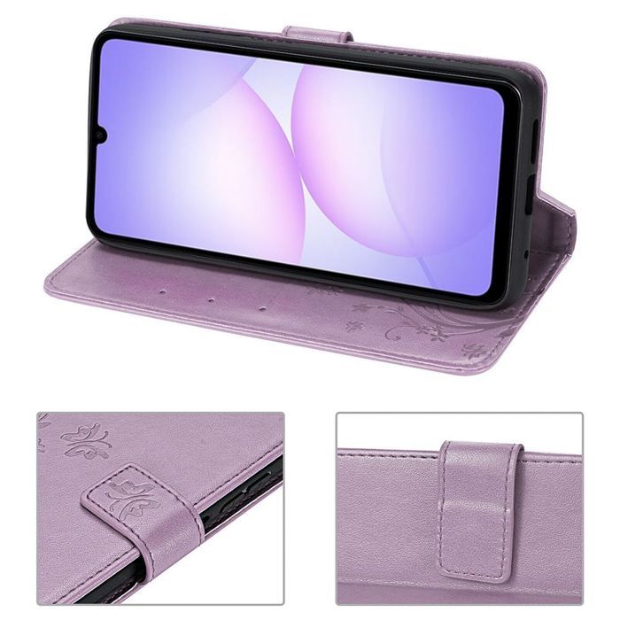 Coque de Protection - BOOLING - Samsung Galaxy A07 - Synthécuir Violet Motif Floral - 2 Verre Trempé
