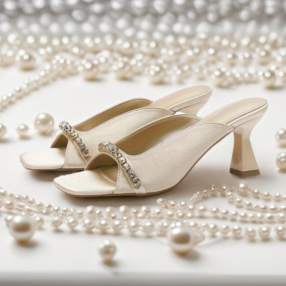 Women's Summer Open Toe High Heel Sandals with Rhinestones Outside Wearing Elegant Heels Square Head Sandals Slippers