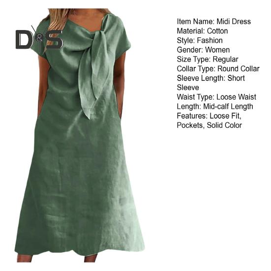 Women Midi Dress Decorated Collar Straps Short Sleeve Dress Solid Color Loose Fit Summer Casual Dress