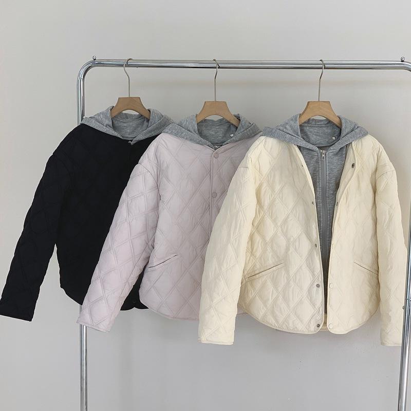 New Splicing Rhombus Jacket Cotton Dress Casual Removable Hooded Loose Autumn and Winter Line Fake Two-piece Coat Black