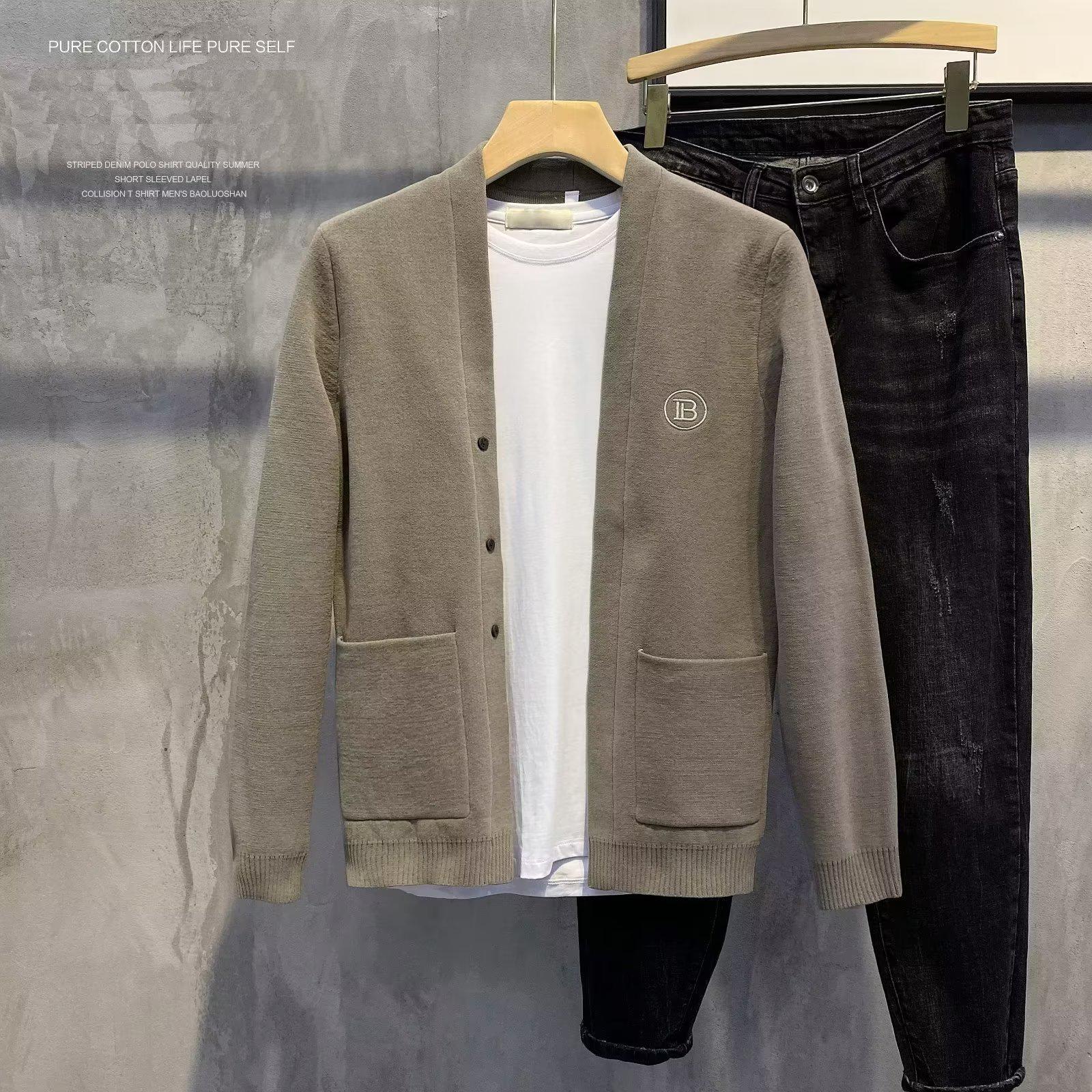 

Мужской повседневный однотонный вязаный кардиган с V-образным вырезом и длинным рукавом 2023 года – весенний тренд XL хаки