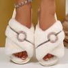 Fashion Fashion Cross Strap Plush Slippers Women Metal Detor House Cotton Slippers Woman Winter 2025 Soft Anti Slip Plush Slides Female