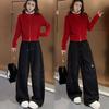 2026 Spring Red Rhinestone Baby's Breath Slimming Plus Velvet Wide Leg Cropped Pants