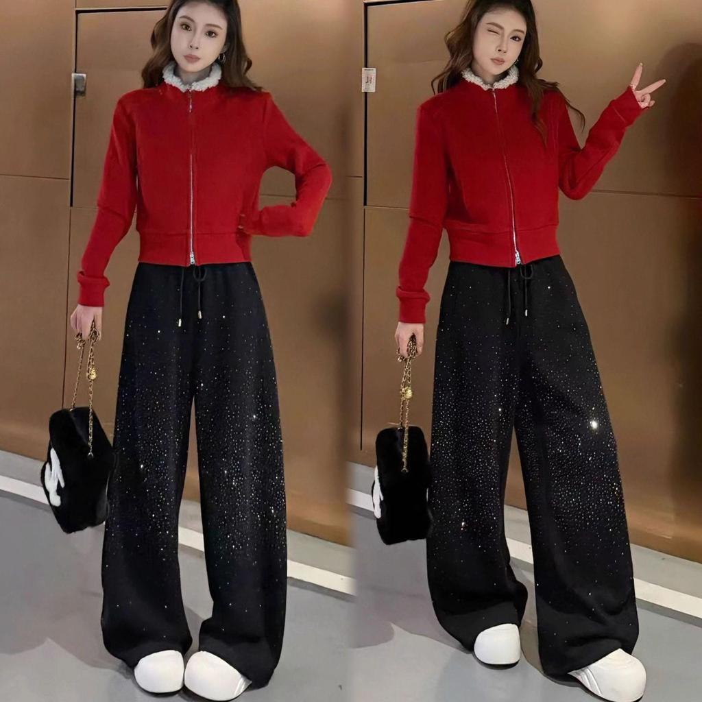 2026 Spring Red Rhinestone Baby's Breath Slimming Plus Velvet Wide Leg Cropped Pants