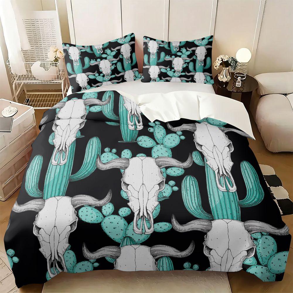Western Skull Cactus Print Duvet Cover Set(1 Duvet Cover & 1/2 Pillowcase)Boho Style Bedding Set For Bedroom Decor