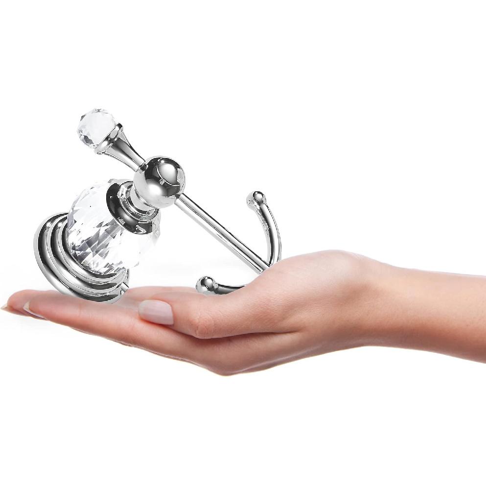 BATHSIR Crystal Robe Hook, Polished Chrome Double Towel Hook for Bathroom, Wall Mounted Silver Coat Hook