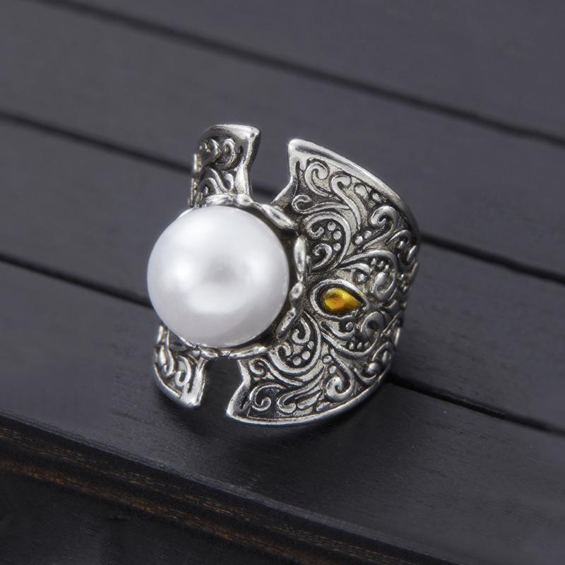 Vintage Copper Color Imitation Pearl Ring For Women Retro Carved Pattern Open Wide Band Ring Bohemian Gothic Statement Jewelry