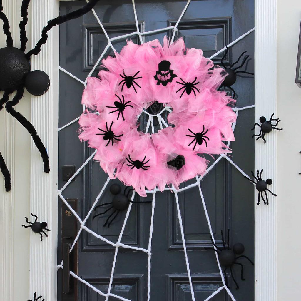 Halloween Pink Spider Wreath Door Hanging Ornament For Party Decor Venue Setup