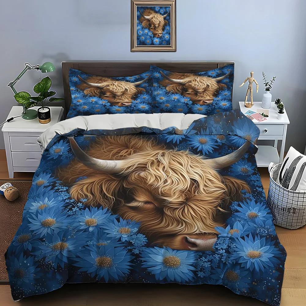 Highland Cattle Print Bedding Set Cute North American Duvet Cover 1 Duvet Cover 2 Pillowcases Adult and Kids Bedding Set Luxury