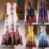 Women Fashion Casual Retro Print Dress V-Neck Sleeveless Plug Pocket Dress