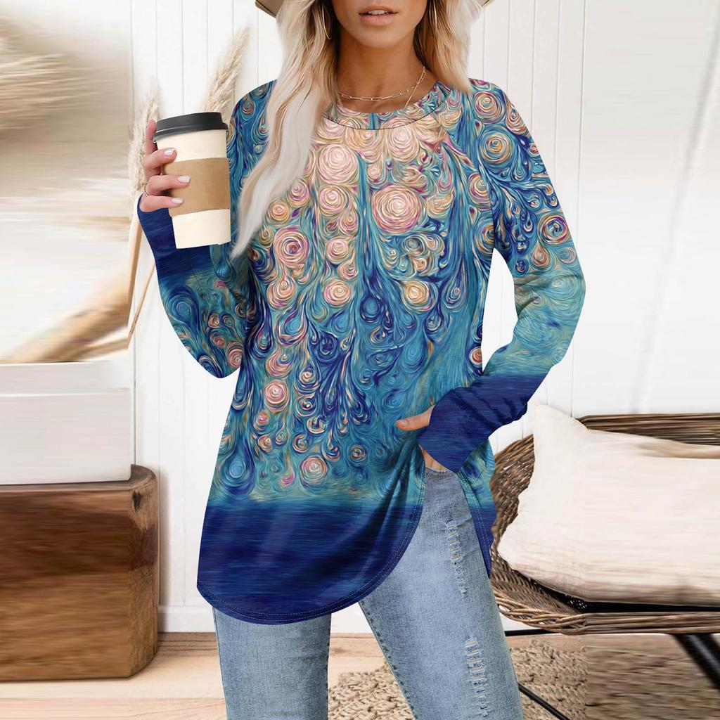 Dame Oversized Genser Grafisk Genser Langermet Drop Shoulder Rund Hals Topper Vintage Klær