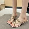 Fashion Square Heel Slippers Women's Summer New Square Toe Open Toe Rivet Sheer Strap Cutout Non-Slip Flip-Flops