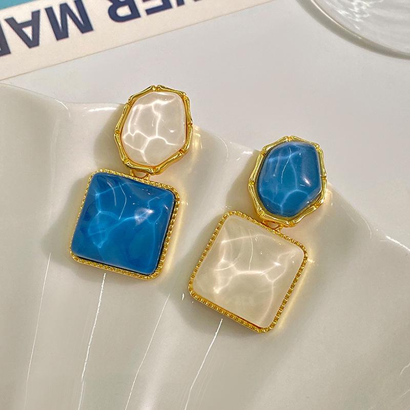 Elegant Asymmetrical Blue & White Square Stud Earrings - S925 Sterling Silver, Trending 2023 Ear Jewelry