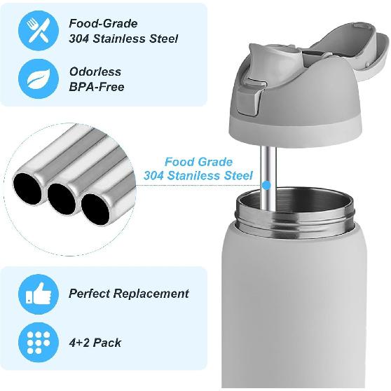 4Pcs Replacement Stainless Steel Straws Compatible with Owala Bottle 24oz 32oz Reble Straws with 2 Cleaning Brushes Metal Straw Replacement