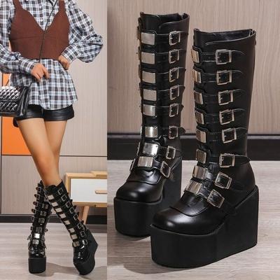 Lange Stiefel, Damenschuhe, Neue Herbst- und Winterschuhe, Gürtelschnallen-Stiefel mit dicker Sohle
