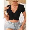 Women Sexy V Neck Slim Fit Cropped Short Sleeve Knit Solid T Shirt