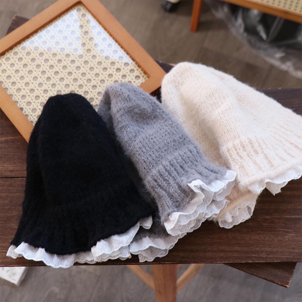 Yarn Women Bucket Hat Lace Trim Beanie Hat Retro Knitted Fisherman Hat  Travel